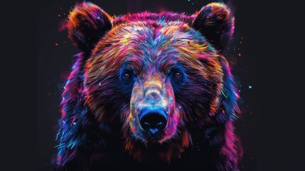  a close up of a bear's face with multicolored paint splattered on it's face.