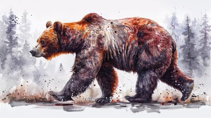  a painting of a grizzly bear walking in the snow with trees in the back ground and snow on the ground. - obrazy, fototapety, plakaty