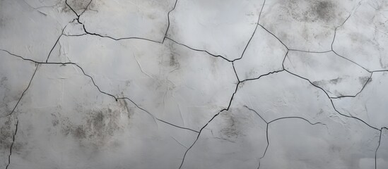 A close up of a grey cracked concrete surface resembling a pattern of rectangles, with twigs and plants growing through the cracks