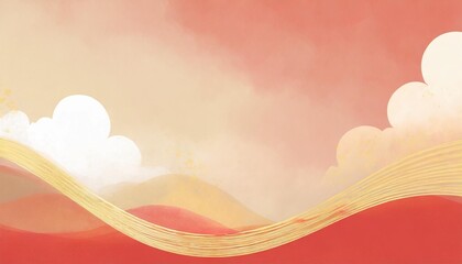 2024 new year spring festival background material waves and auspicious clouds on a red background illustration resources with large copy space - obrazy, fototapety, plakaty