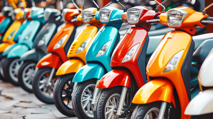 A row of colorful scooters are parked next to each other