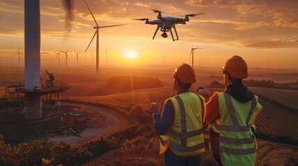 Two Asian male engineers flying a drone to survey and inspect wind turbines during sunset.