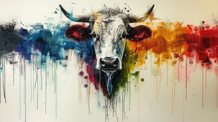  a painting of a bull's head with colorful paint splatters on it's face and it's horns.