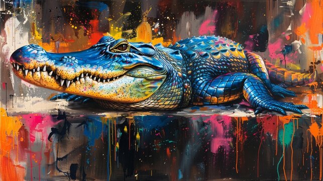  a painting of an alligator laying on the ground with paint splatters all over it's body and head.