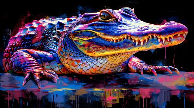  a close up of a colorful alligator on a black background with paint splattered on it's body.