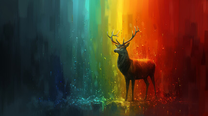  a painting of a stag standing in front of a rainbow - colored background with drops of water on its antlers.