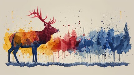  a painting of a red deer standing in front of a forest filled with trees and watercolor splotches.