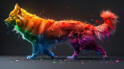  a multicolored dog standing in the middle of a room with confetti all over it's body.
