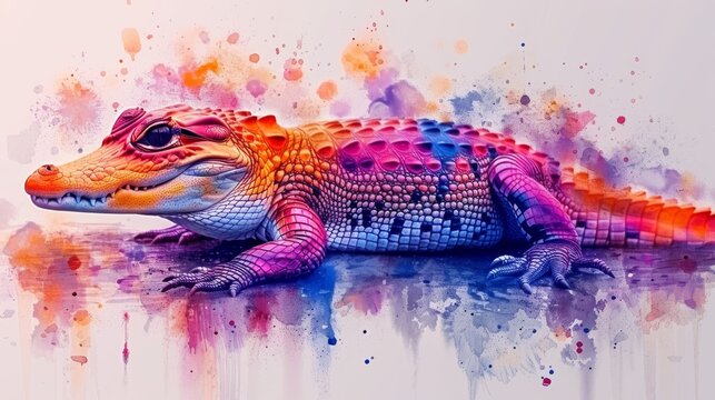  a painting of a colorful alligator laying on top of a body of water with a splash of paint all over it.
