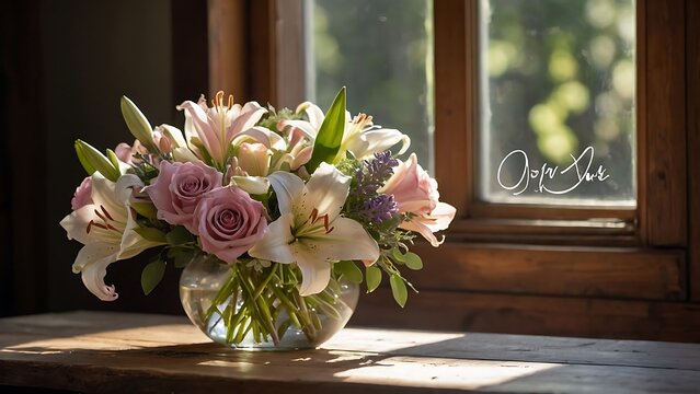 Bouquet of flowers in a vase on a wooden table