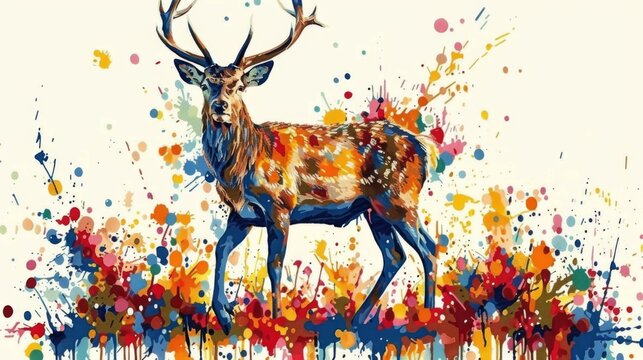  a painting of a deer with lots of paint splatters on it's face and antlers on it's back.