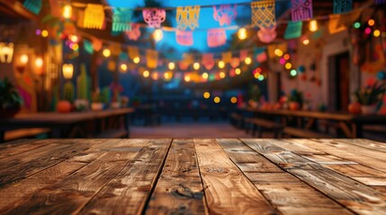 Clean Wooden Table In a Courtyard Decorated For Cinco de Mayo Celebration At Night, Copy Space