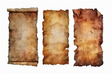 Aged medieval parchment paper sheets, torn edges, worn texture, isolated on white background, digital illustration