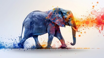  an elephant with colorful paint splattered all over it's body and tusks standing in front of a white background.