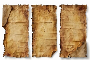 Aged medieval parchment paper sheets, torn edges, worn texture, isolated on white background, digital illustration - obrazy, fototapety, plakaty