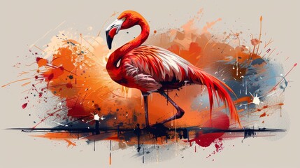  a painting of a flamingo with a splash of paint on the back of it's head and legs.
