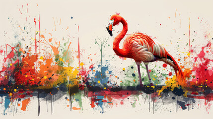  a painting of a pink flamingo standing in front of a white background with multicolored splats.