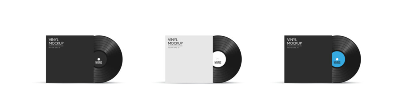 Vinyl disk cover with vinyl disk realistic mockup. Vector EPS 10