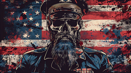 US brave veteran skull with beard and uniform showing power and strength