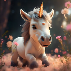 cute adorable Unicorn baby against forest  background. Digital artwork. Ai generated
