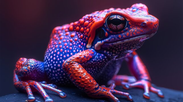  a red and blue frog sitting on top of a piece of blue and red paint on it's body.