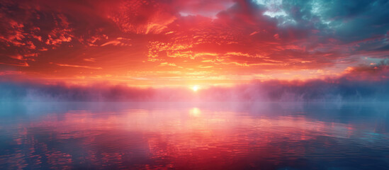 Fiery sky reflecting on a tranquil lake - obrazy, fototapety, plakaty