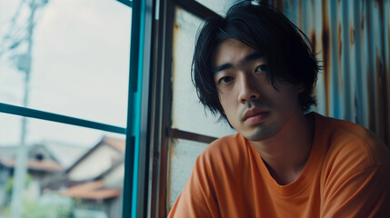Homem japones vestindo camiseta terra cota com olhar triste ao lado da janela em sua casa  - obrazy, fototapety, plakaty