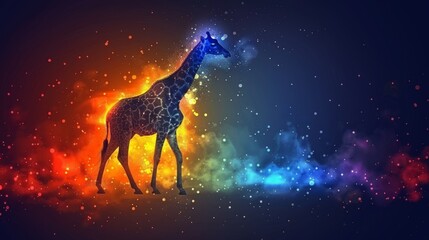  a giraffe standing in the middle of a room with a lot of light coming out of its mouth.