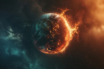 A planet divided one half ablaze the other flourishing showing the stark choices facing humanity - obrazy, fototapety, plakaty