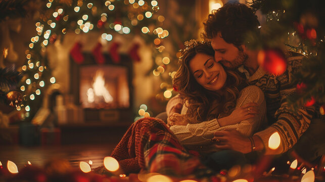 happy couple sitting in front of a fireplace with christmas decoration. Very romantic image