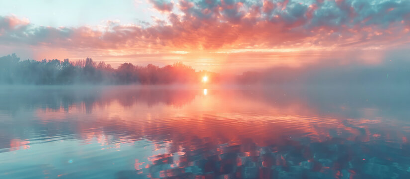 Dreamy lake sunrise with ethereal fog