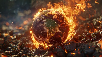 A red globe engulfed in flames a stark symbol of global warmings relentless advance - obrazy, fototapety, plakaty