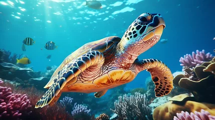 Fotobehang A captivating underwater shot of a sea turtle gracefully swimming among coral reefs. © Ansar
