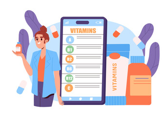 Online purchase of vitamins. Woman with pills and tablets. Supplements for healthy lifestyle and sports. Fitness person with proper diet. Cartoon flat vector illustration isolated on white background