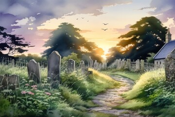 Watercolour overgrown village churchyard with headstones - obrazy, fototapety, plakaty