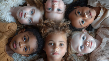 Fototapeta na wymiar Cheerful children of different ethnicities in diversity photo shoot on soft color background.