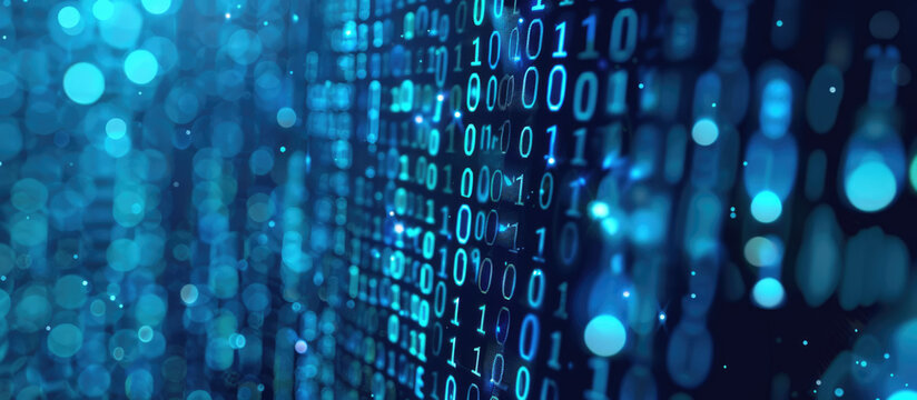 Binary code data streaming on blue digital grid