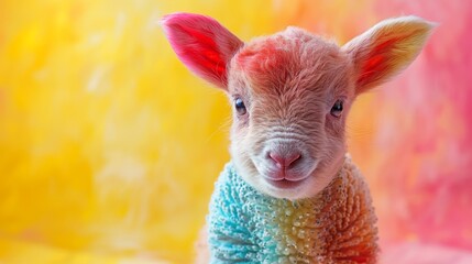  a close up of a baby goat wearing a sweater and looking at the camera with a serious look on its face.