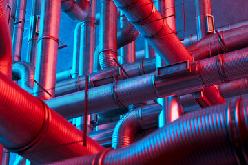 Intricate Network of Industrial Pipes in Striking Blue and Red Illumination - obrazy, fototapety, plakaty