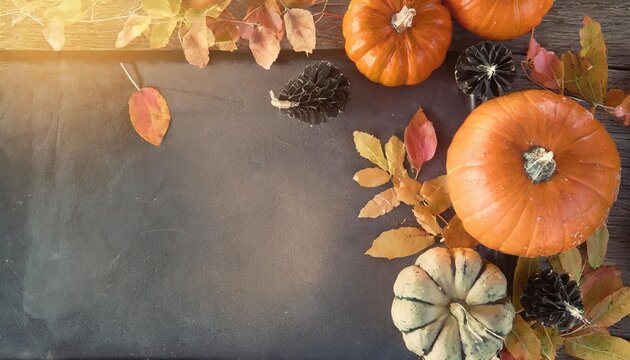 top view halloween background with pumpkins and leaves on blackboard