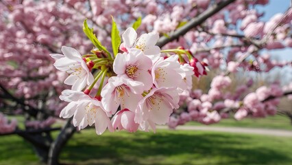 Obraz premium Cherry tree blossom closeup in springtime nature scene, Easter