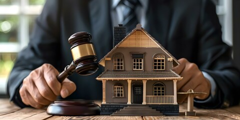 Real Estate Auctioneer with Gavel and House Model: Symbolizing Law, Taxes, Profits, Investments, and Home Purchases. Concept Real Estate Auctions, Legal Matters, Financial Decisions - obrazy, fototapety, plakaty