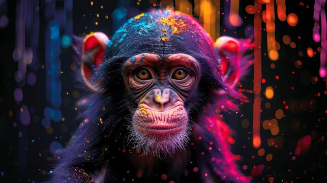  a close up of a monkey with colorful paint on it's face and a blurry background behind it.