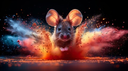  a close up of a mouse in front of a black background with red, blue, yellow and orange sprinkles. - obrazy, fototapety, plakaty