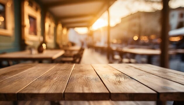wooden table top with blurred background in cafe