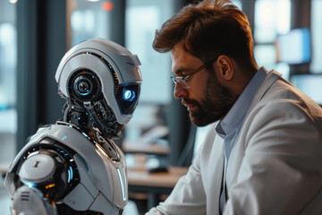 Businessman Analyzing Robot's Features Up Close