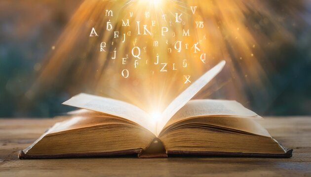 imagine opening an old book blurred with magic power on the table and the english alphabet floating above the book with magic light as a beautiful background design