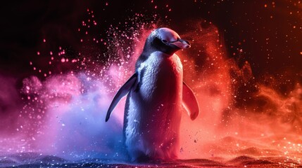  a black and white penguin standing in front of a red and blue cloud of colored smoke and water on a black background.