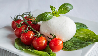 White balls of Italian soft cheese Mozzarella di Bufala Campana served with fresh green basil leaves and red tomato