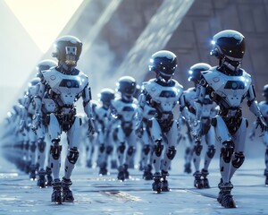 An army of robotic guardians patrolling the perimeter of the pyramid ready to defend against intruders - obrazy, fototapety, plakaty
